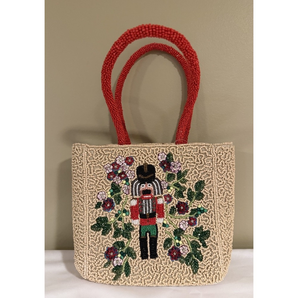 Anthropologie Beaded Floral Nutcracker Small Tote Top Handle Magnetic Closure